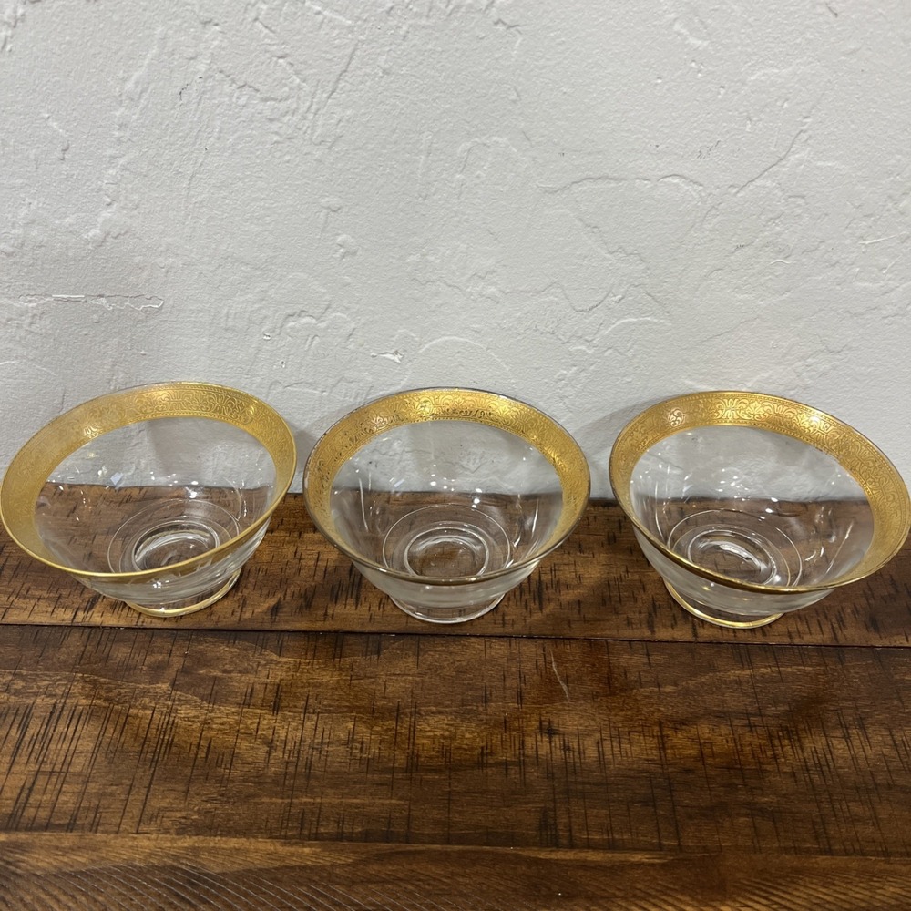 Set of 3 Antique Exquisite Footed Dessert Bowls in a Gold Flash Design, 4.5"
